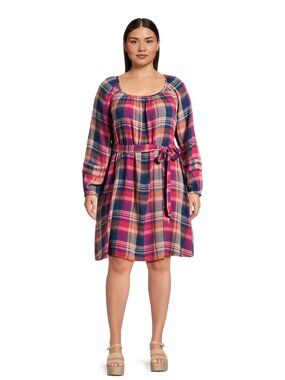 Terra & Sky Pink and Blue Plaid Long-Sleeve Scoop Neck Dress with Tie Waist | 4X